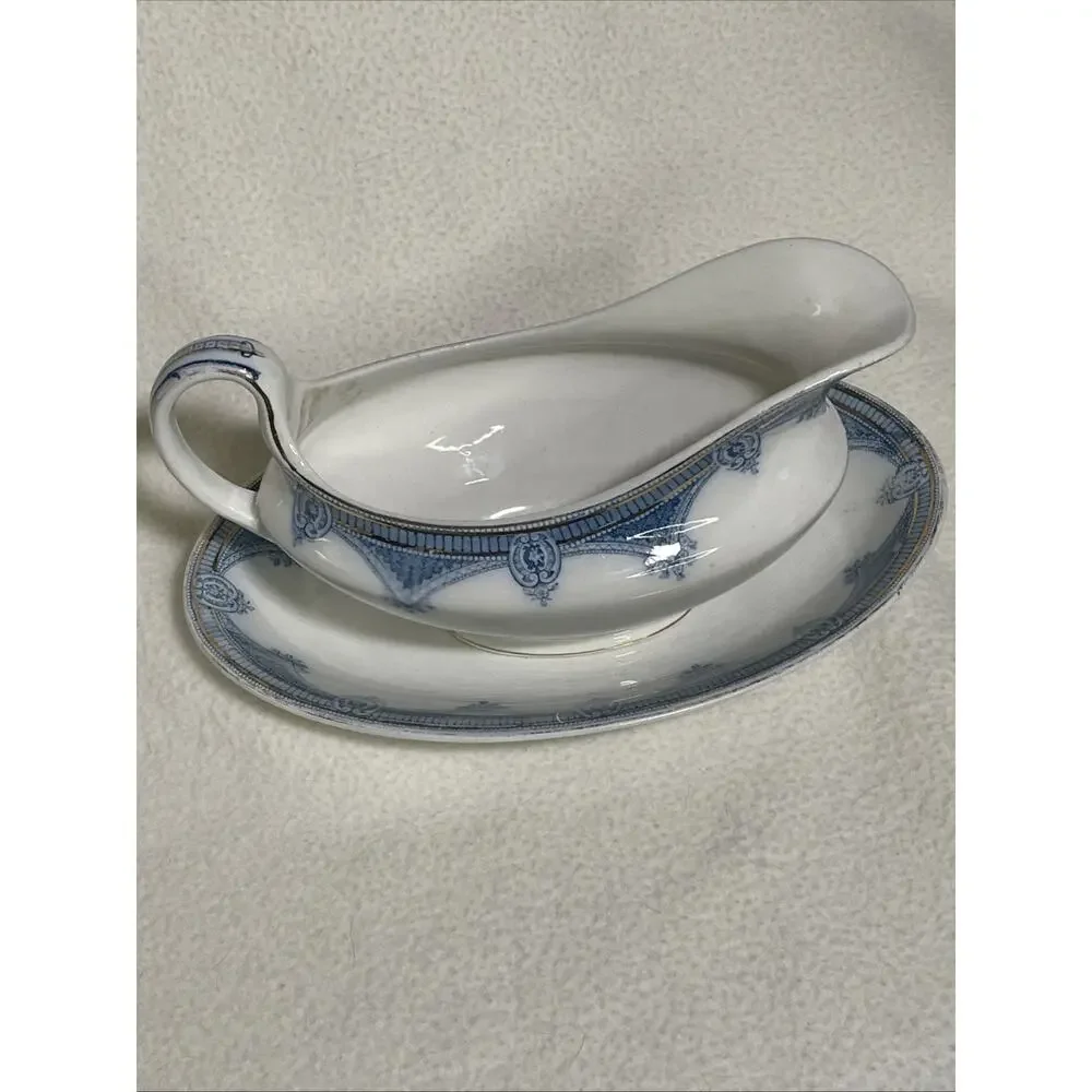 J & G Meakin Ipswich Gravy Boat and Plate - Blue, White and Gold Hanley, England